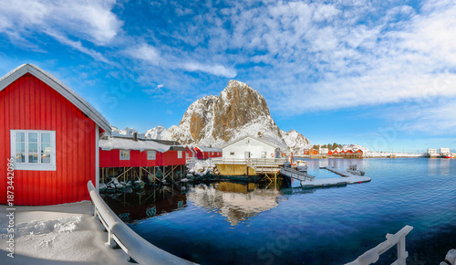 Wallpaper Mural Winter view on Hamnoy village with port and Festhaeltinden mountain on background. Torontodigital.ca