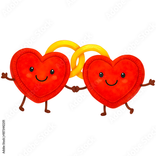 Two cheerful cartoon heart characters holding hands linked by golden rings isolated on a transparent background for Valentine's Day advertising.