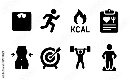 Set of icons representing health, fitness, weight loss, and diet goals
