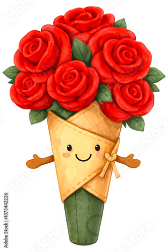 Cute smiling rose bouquet wrapped in paper stands happily isolated on a transparent background for decoration.