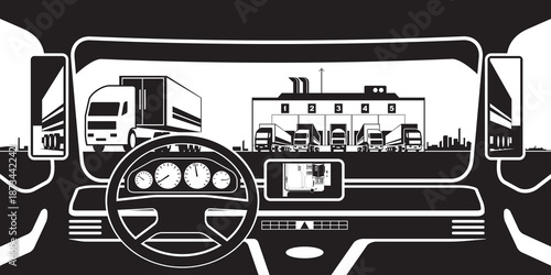 View from truck to distribution warehouse - vector illustration