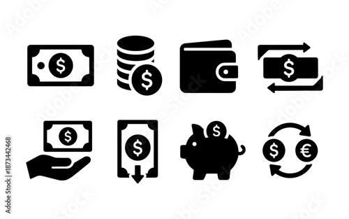 Collection of financial icons representing money, savings, and transactions