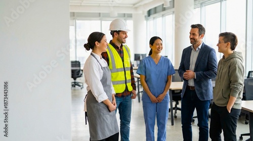 photo of diverse professionals from different industries standing casually indoors