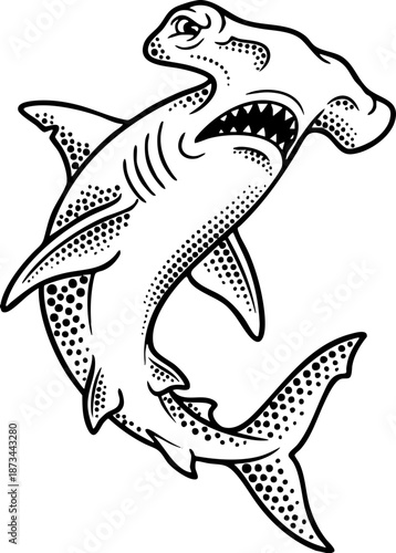 Clean Simple Hammerhead Shark Vector Classic American Traditional Shark Flash Design Tattoos, Stipple Dot Shading Sharks SVG. Also see Great White, Tiger Shark, Mako Sharks. Cricut crafts Vinyl cutter