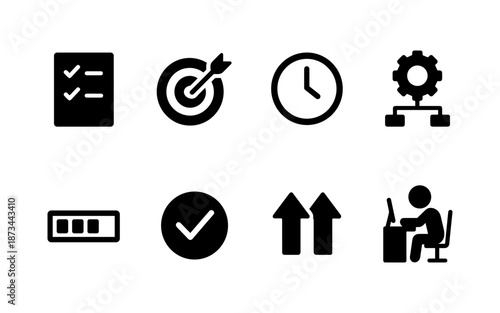Collection of business and productivity icons including checklist, target, clock, gear, progress bar, checkmark, arrows, and person at computer