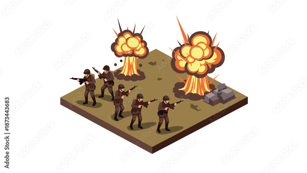 Fototapeta premium Isometric battlefield scene with soldiers and explosions in action