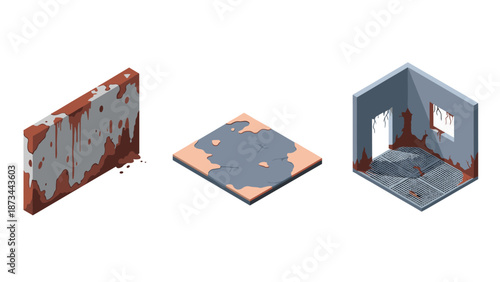 Isometric abandoned building elements with rust and cracks