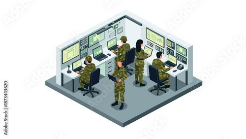 Military command center isometric view with soldiers and control screens in action