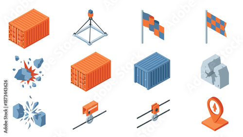 Isometric cargo containers and construction icons in blue and orange