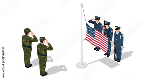 Isometric scene of soldiers and officers saluting and raising the american flag