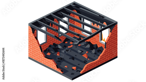 Isometric design of a partially demolished building with exposed structure and debris