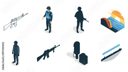 Modern isometric military figures and equipment with nature landscape