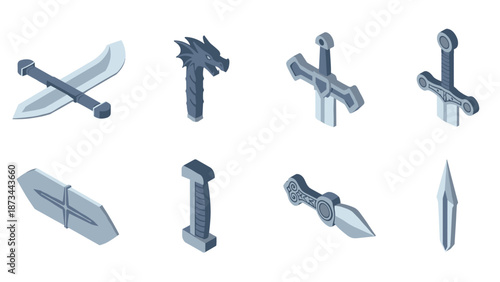 Isometric fantasy weapons collection featuring swords, shields, and daggers