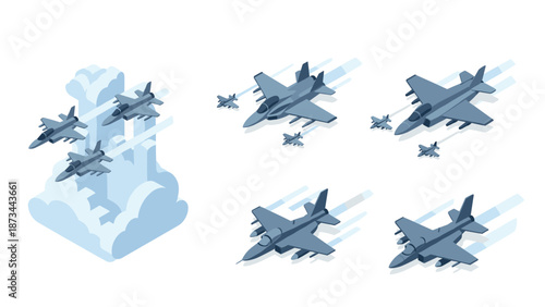 Isometric fighter jets in formation with cloud trails