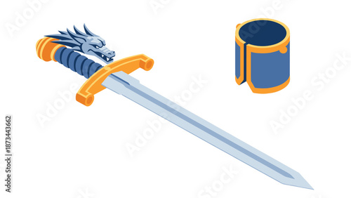 Isometric fantasy sword and shield with dragon design on white background