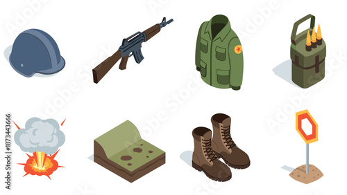 Military equipment icons set in isometric style for strategic game design