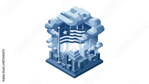 Surreal isometric cityscape with cloud formation and southwestern flag