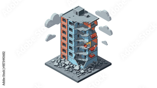 Isometric collapsed building with crumbling debris and floating clouds