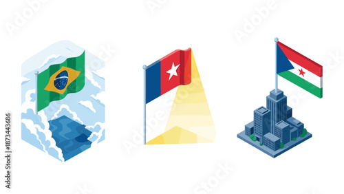 Isometric flags with urban landscapes and cloudy sky designs