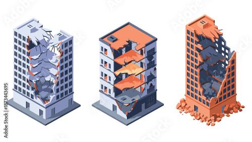 Isometric urban disaster scene with collapsed buildings in modern style