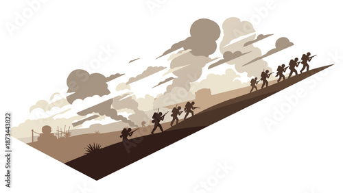 Soldiers marching on hill in sepia tone with dramatic clouds