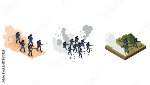 Isometric soldiers in tactical formation across various terrains
