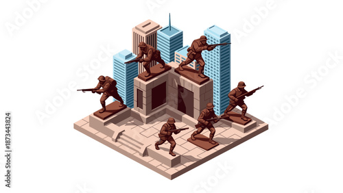 Isometric military tactics with soldiers in urban setting