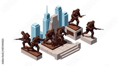 Isometric soldiers on monument with urban skyline