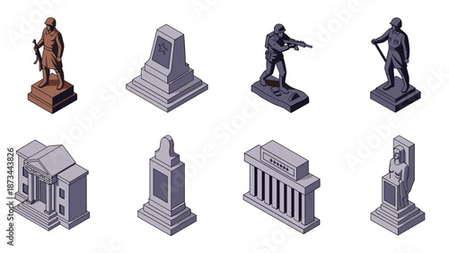 Isometric monuments and statues collection featuring soldiers and historical landmarks