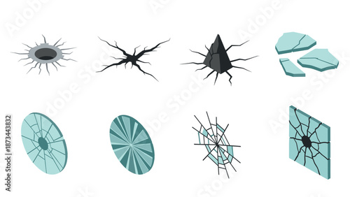 Cracked texture icons: surface and glass fracture set in flat design