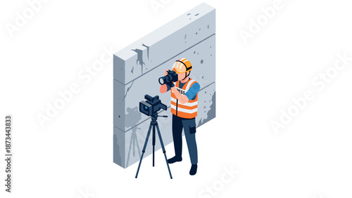 Isometric journalist capturing footage by concrete wall with camera equipment