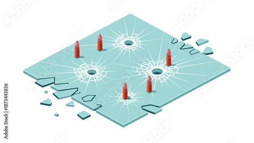 Cracked glass with lipstick bullets in isometric style