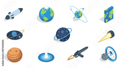 Isometric space icons set featuring planets, rockets, and satellites