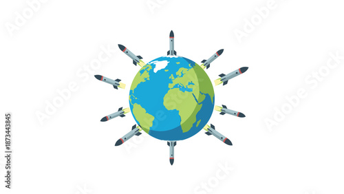 Global tension concept: missiles encircling earth in flat design