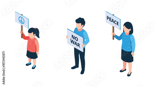Isometric protesters holding peace and no war signs