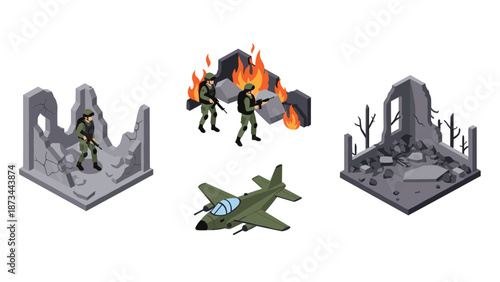 Isometric military action scene with soldiers and ruined buildings