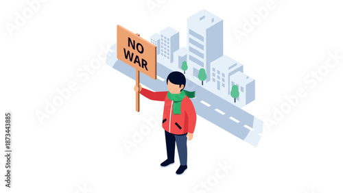 Peaceful protest: isometric urban scene with no war message