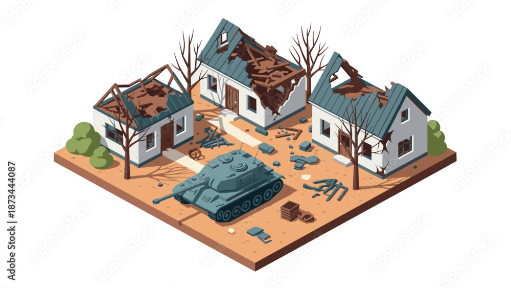 Fototapeta premium Isometric war-torn neighborhood with damaged buildings and tank