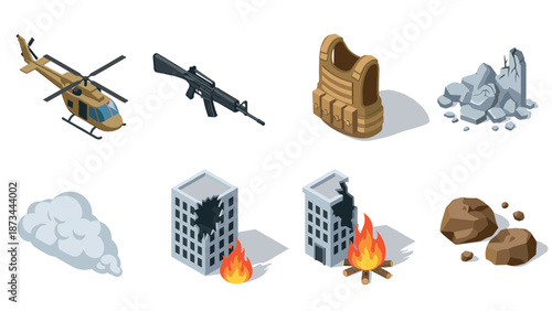 Isometric military and disaster icons: helicopter, rifle, buildings on fire