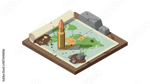 Isometric map with bullet symbolizing global conflict and geopolitical tensions