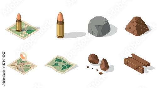 Isometric military elements: bullet, map, rock, and terrain pieces on white background