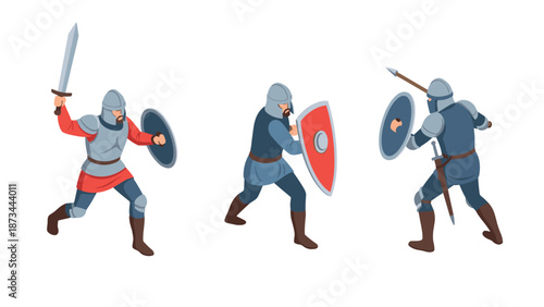 Medieval knights in battle poses: isometric warriors with swords and shields
