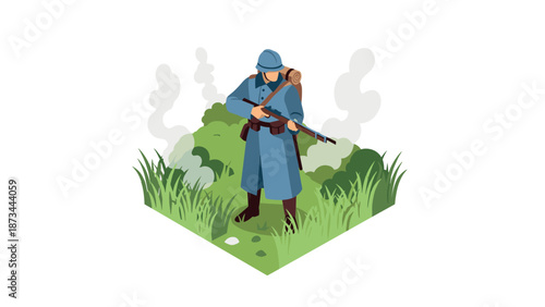 Wwi soldier in uniform with rifle in isometric landscape art