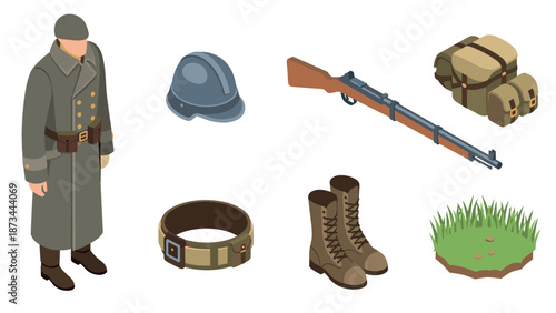 Isometric world war i soldier gear: uniform, helmet, rifle, and accessories
