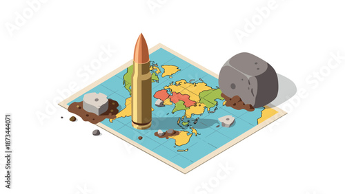 Isometric map with bullet and rocks on world map background