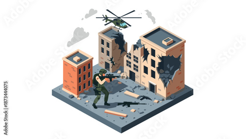 Urban warfare scene with soldier and helicopter in isometric city ruins