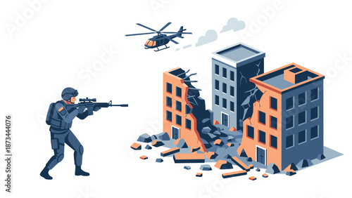 Isometric soldier and helicopter in urban disaster scene with collapsed buildings