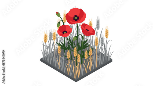 Isometric poppy and wheat field with red flowers on a geometric platform