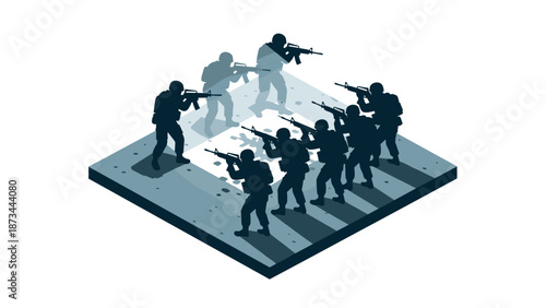 Isometric silhouette of armed soldiers in tactical formation