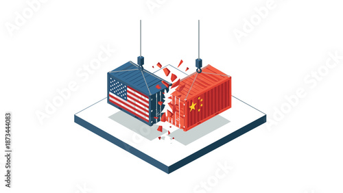 Isometric trade conflict with colliding cargo containers depicting usa and china flags